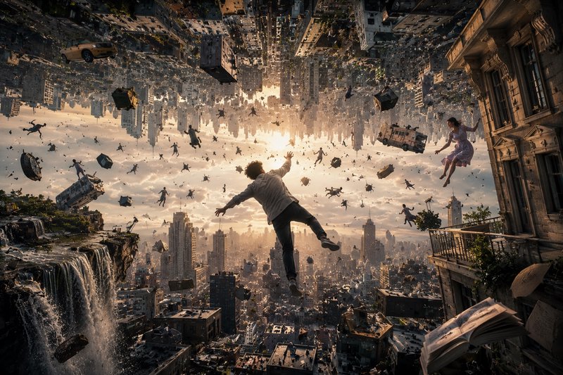 Surreal inverted gravity-defying cityscape with floating falling people, objects, and a central s...