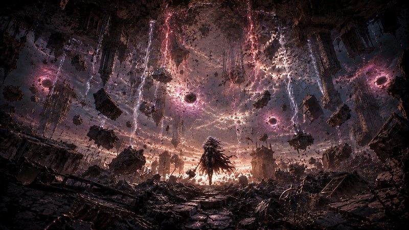 Lone armored fantasy warrior stands amidst apocalyptic floating ruins, under glowing purple void ...