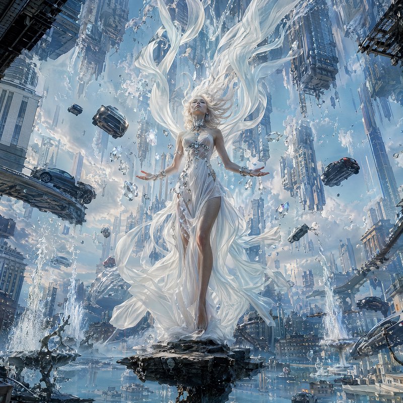 Ethereal water goddess in a flowing white gown stands on a floating rock above a surreal gravity-...