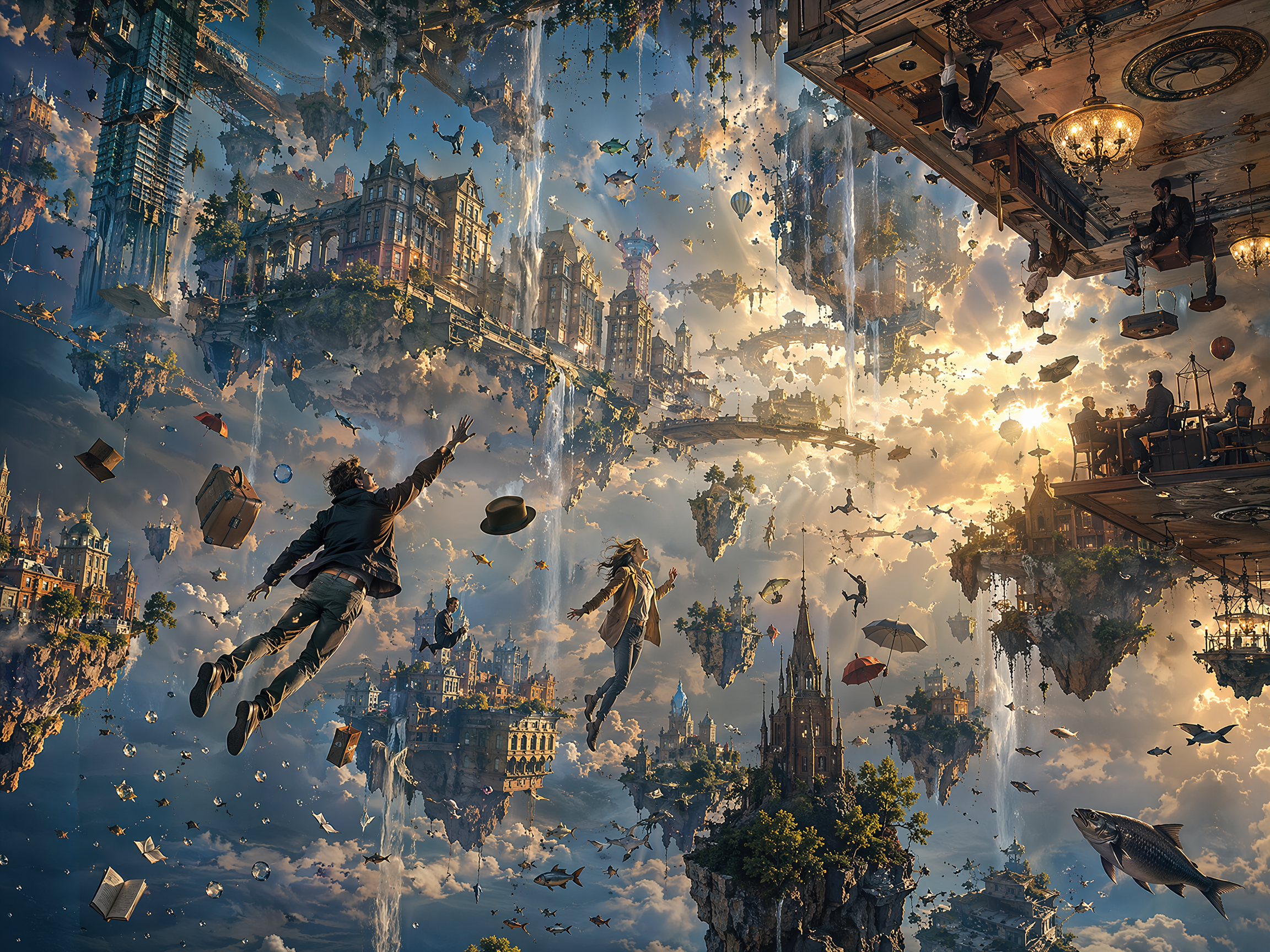 Surreal gravity-defying dreamscape with floating sky cities, weightless people, and drifting objects above sunlit clouds