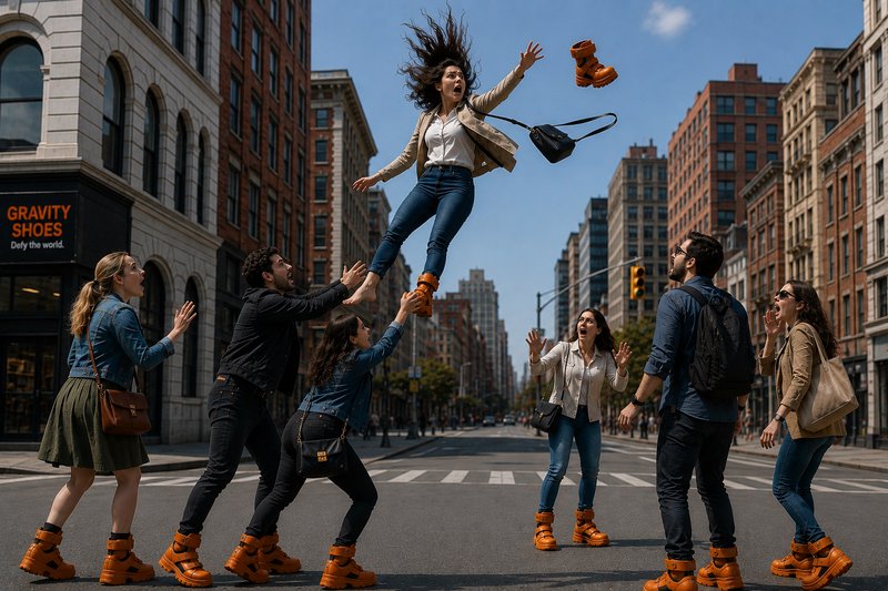 Surprised pedestrians in orange gravity shoes react to a woman floating mid-air above a city cros...