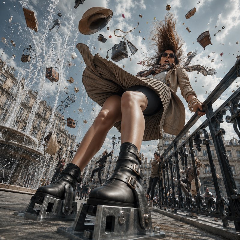 Low angle surreal shot of windswept woman anchored to pavement, floating objects flying over historic city plaza