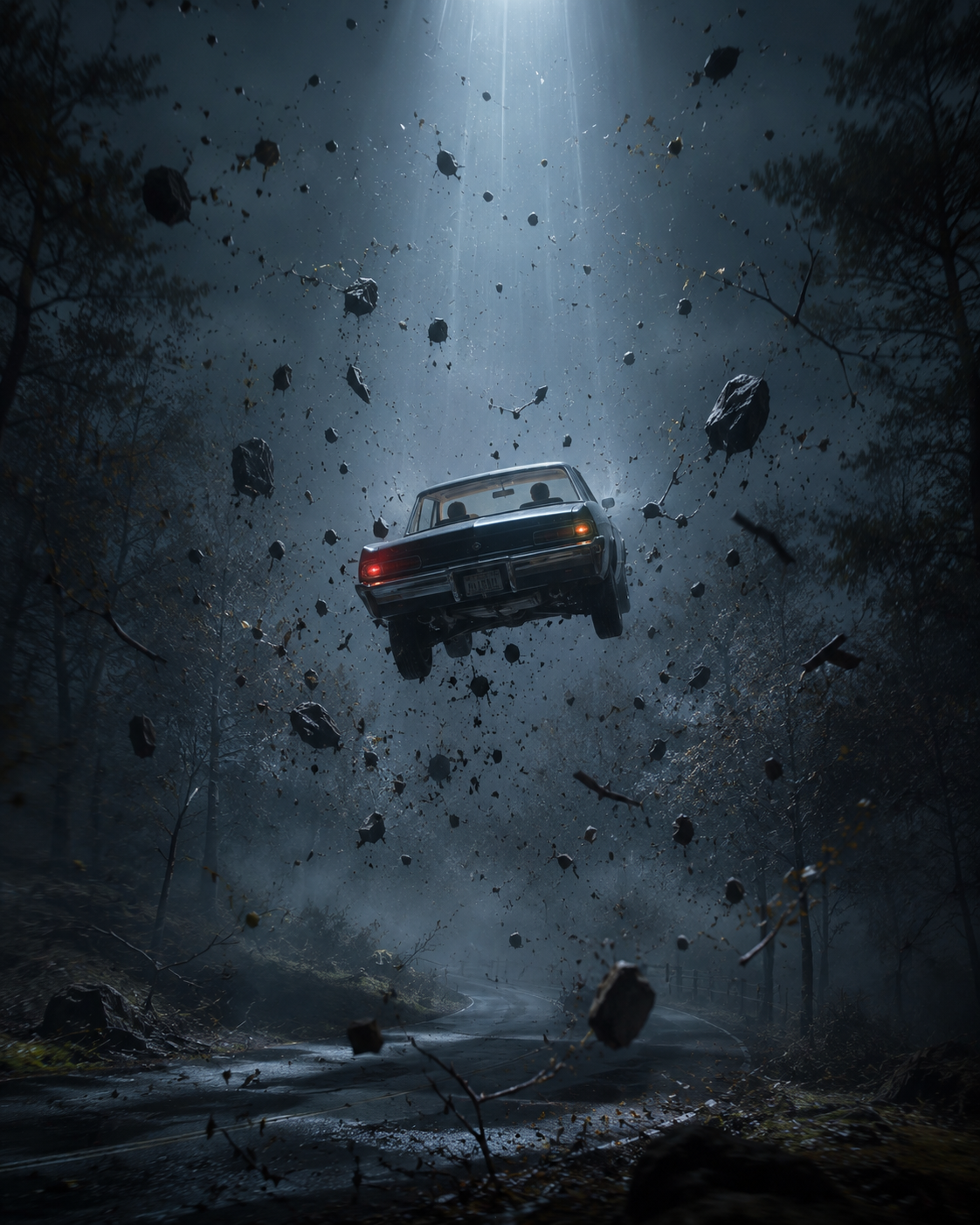 [Floating vintage sedan suspended mid-air above a dark foggy forest road, surrounded by flying debris under dramatic overh...