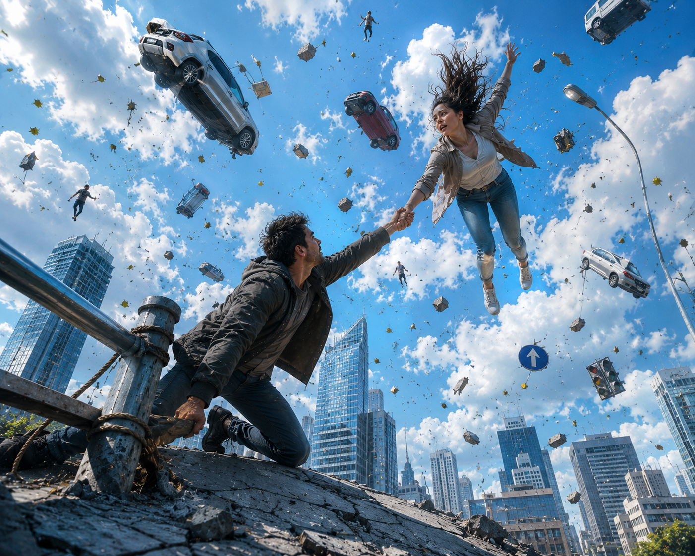 Man clinging to a cracked rooftop reaches for a floating woman amid flying cars and debris during a surreal gravity failur...