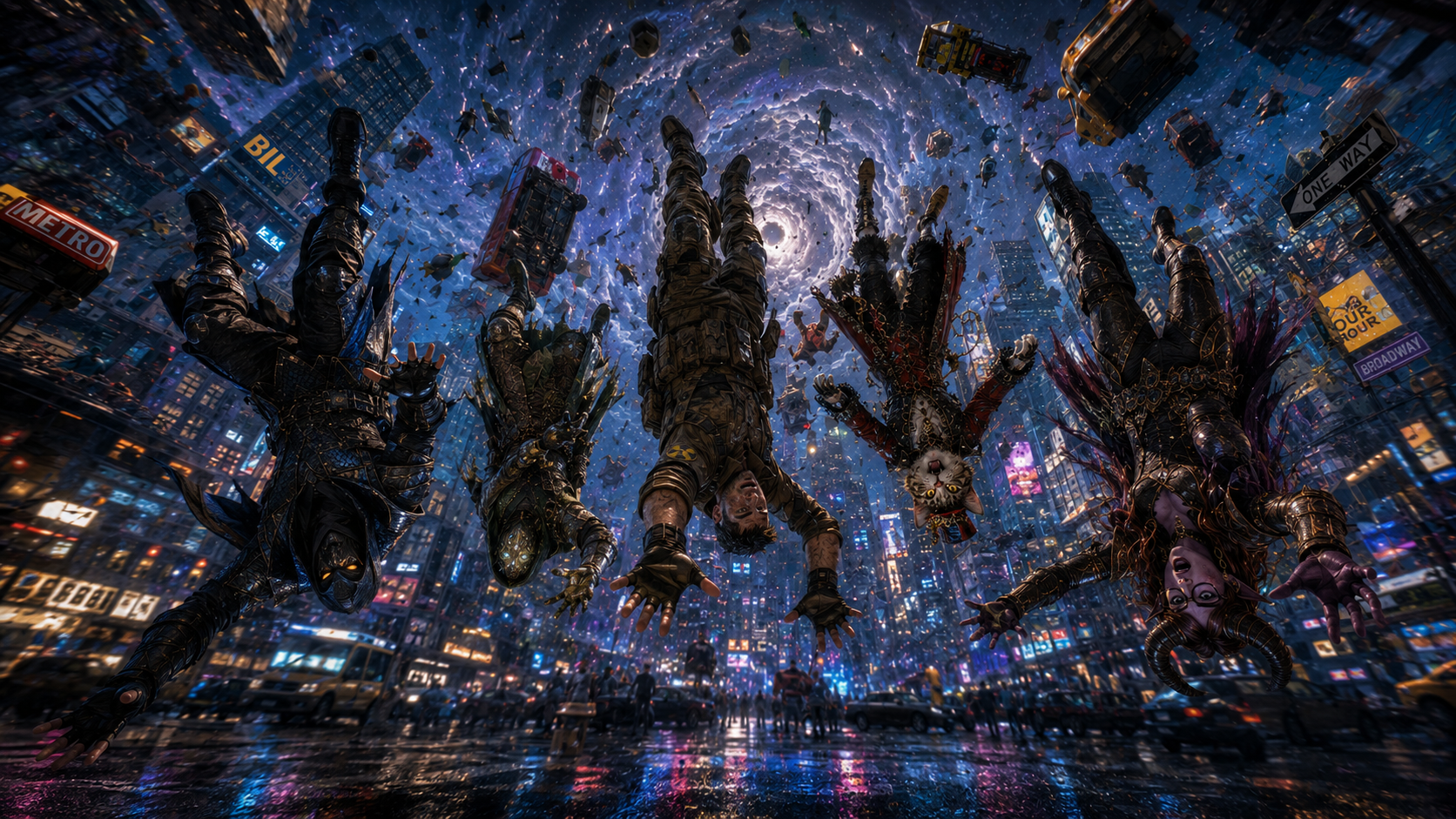 Surreal fantasy scene of varied characters falling upside down toward a glowing cosmic vortex above a rainy neon-lit New Y...
