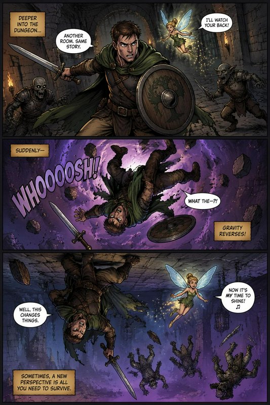 3-panel fantasy comic showing a dungeon warrior mid-goblin battle, caught off guard by sudden gra...