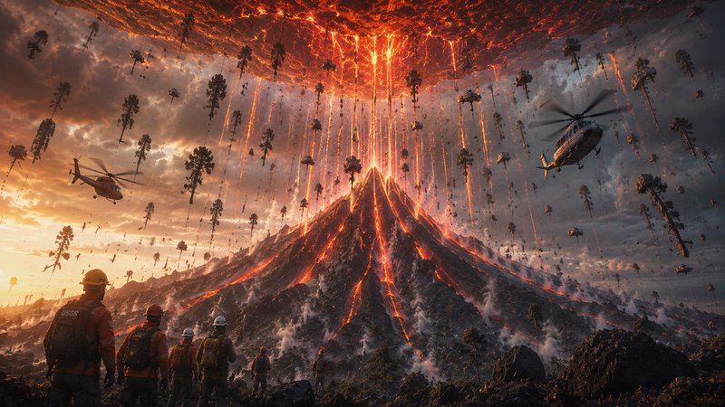 Emergency response workers observe a massive supervolcano eruption, with rescue helicopters and f...