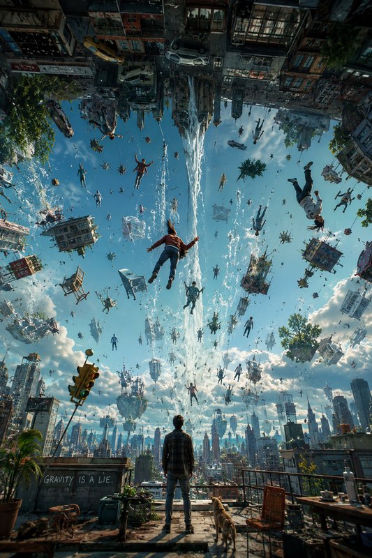 [Surreal anti-gravity city scene, a man and dog on a rooftop watch buildings, people, and water float skyward, with "Gravi...
