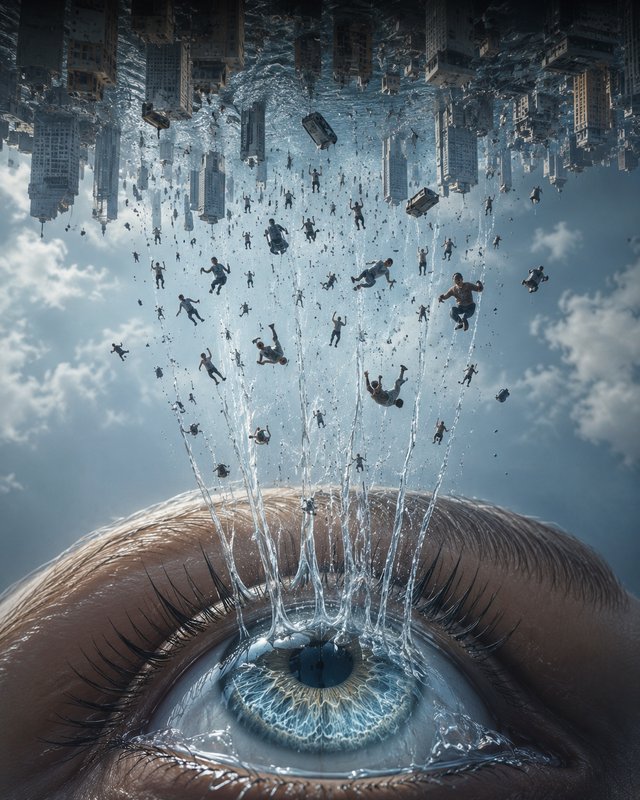 Surreal digital artwork of a giant human eye, with tear streams carrying falling people, vehicles...
