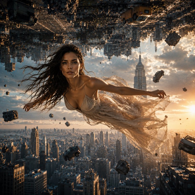 Surreal artwork of a woman floating above a mirrored, collapsing New York City skyline at golden ...