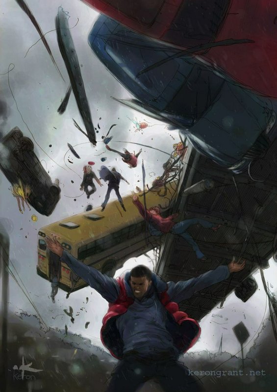 Superhero bracing to catch falling people, school bus and cars from a collapsing bridge in stormy weather.