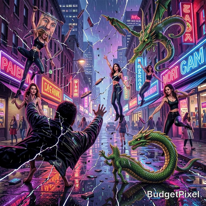 Surreal rainy cyberpunk city street with glowing neon signs, floating figures, green dragons, and...