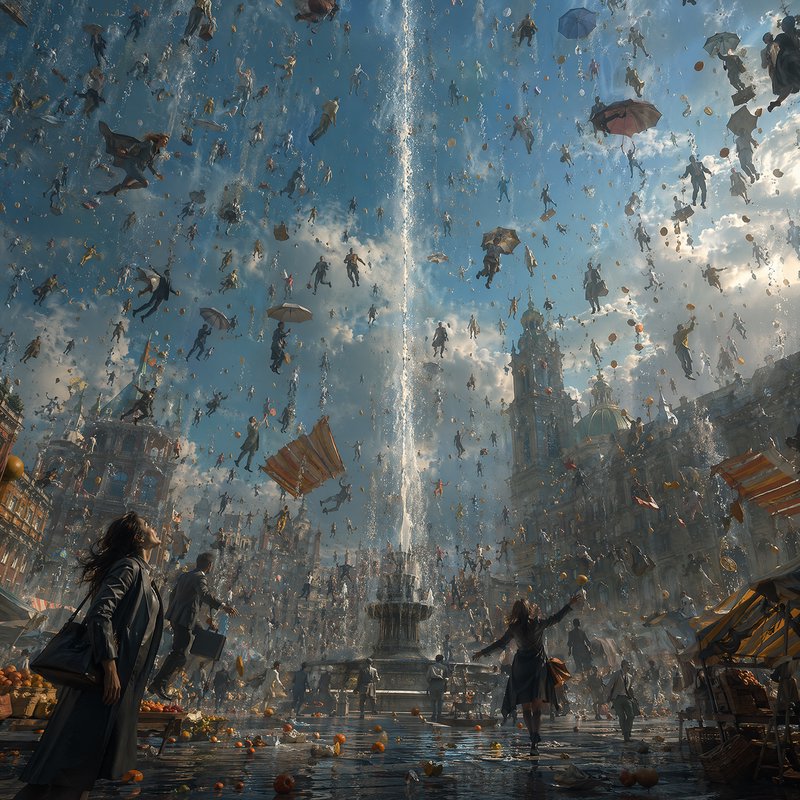 Surreal historic city square with a tall central fountain, crowds of floating people, umbrellas, and produce rising