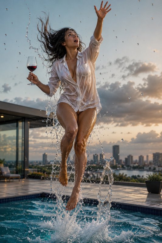 Joyful woman mid-leap from rooftop pool holding a glass of red wine, sunset city skyline backdrop.