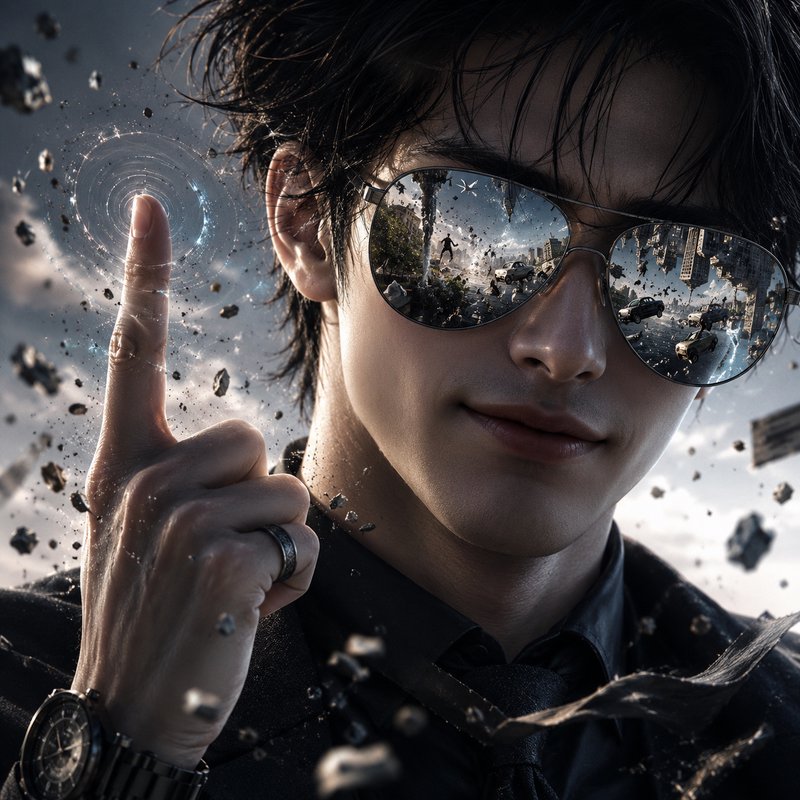 Young superpowered man channels telekinetic energy, apocalyptic floating city destruction reflect...