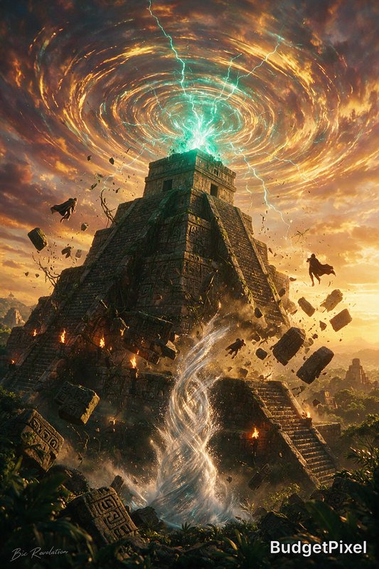 Ancient Mesoamerican step pyramid erupts with glowing magic, as swirling storm clouds, flying deb...