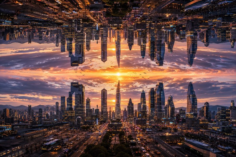 Surreal symmetrical mirrored futuristic cityscape, inverted duplicate skyscrapers float above the...