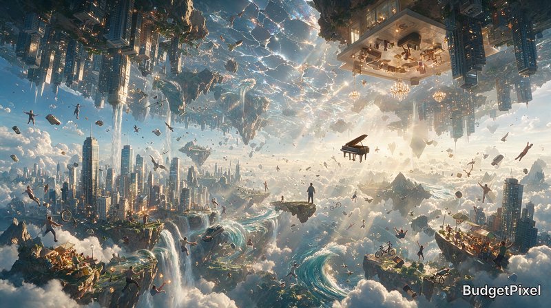 Surreal gravity-defying floating cityscape with inverted skyscrapers, drifting objects and people...