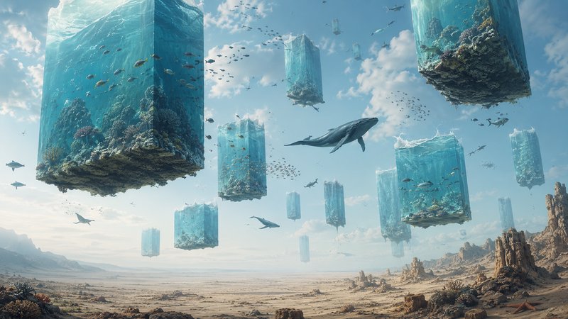 Surreal fantasy scene of floating transparent ocean cubes, swimming whales and fish, hovering ove...