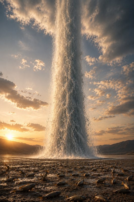 Towering erupting water geyser rises from a dry lake bed strewn with stranded fish, under a golde...