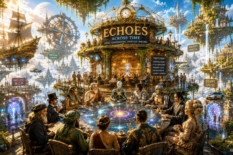 Steampunk floating time cafe with cross-era historical figures seated at a glowing magical table ...
