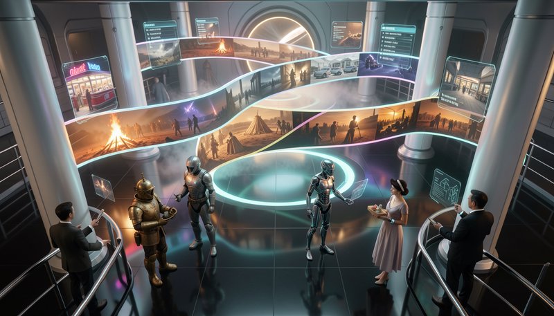 Futuristic museum gallery with human, robot, and historical figures viewing a curved holographic ...