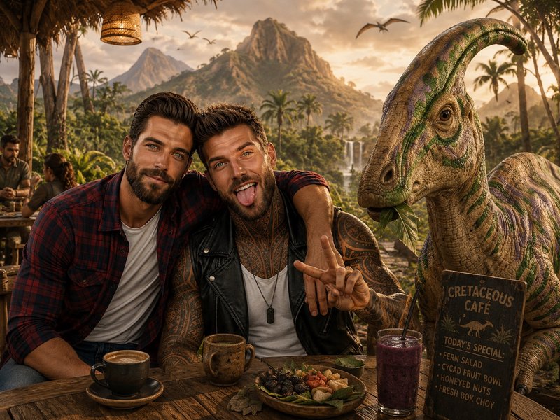 Two men pose playfully at a prehistoric jungle cafe beside a friendly leaf-eating parasaurolophus...