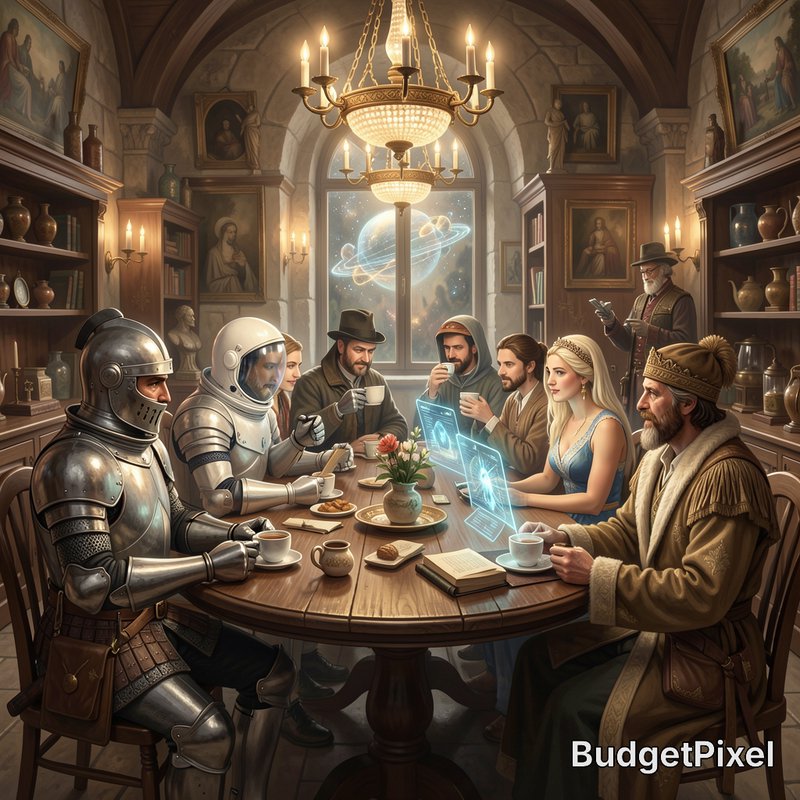 Surreal crossover fantasy art of knights, an astronaut, royals, and other figures meeting with ho...