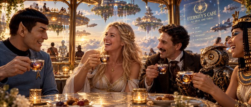 Group of cross-era fictional and historical characters toast with drinks inside a luxurious float...