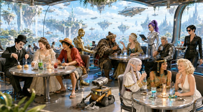 Diverse sci-fi and fantasy fictional characters dine in a futuristic sky restaurant overlooking a...
