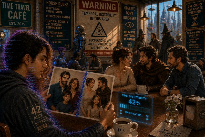 Holographic Time Travel Cafe staff holds a split alternate timeline photo, as a table display sho...