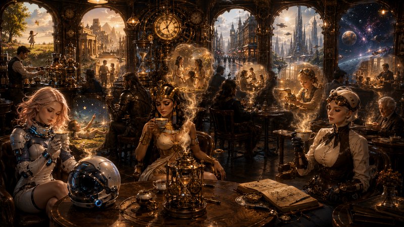 Ornate steampunk interdimensional cafe, diverse women sip tea as glowing portal windows show vari...