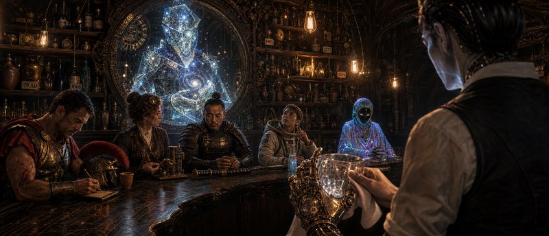Diverse time-displaced patrons sit at an ornate steampunk bar, observing a glowing holographic co...
