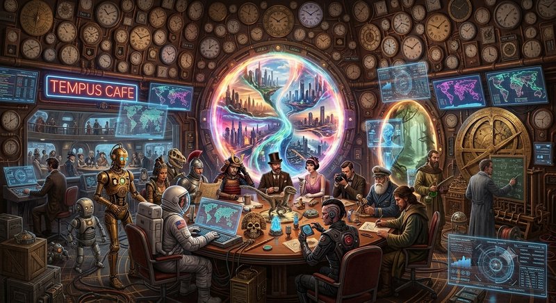 Steampunk Tempus Cafe interior, diverse cross-era characters gathered around a glowing multiverse...