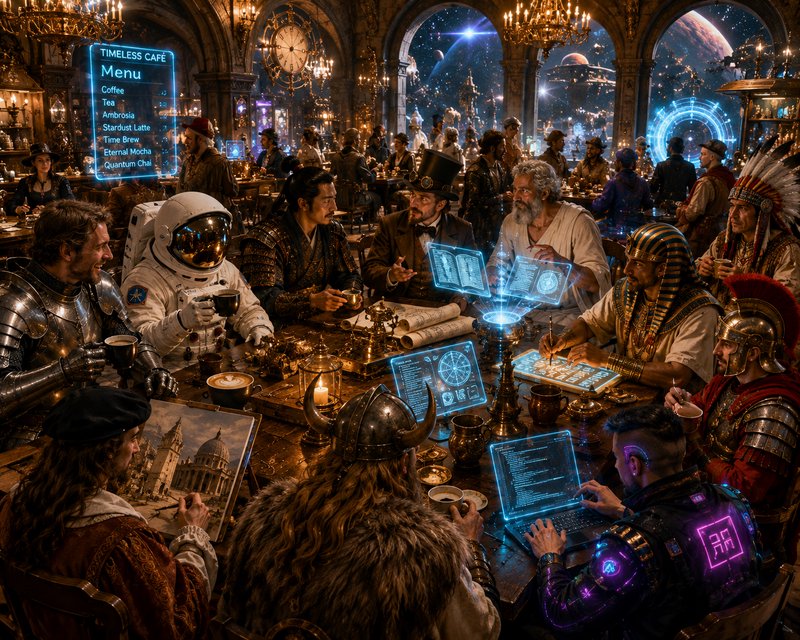 Surreal Timeless Cafe gathering featuring cross-era historical, fantasy, and sci-fi characters di...