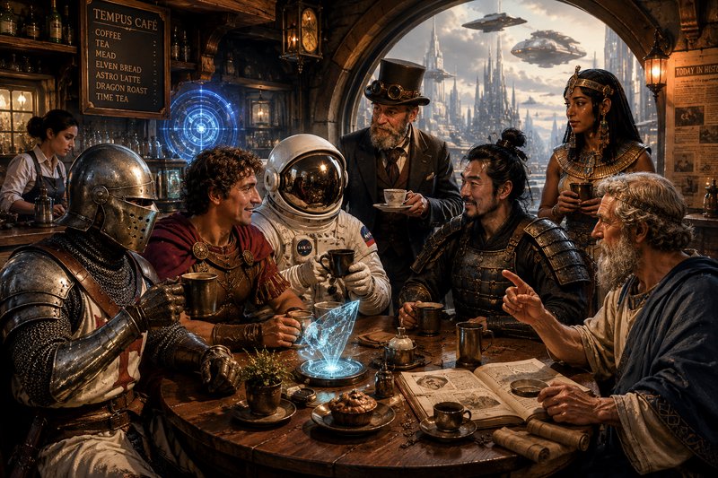 Diverse cross-era characters including a knight, astronaut, and historical figures gather at a ti...