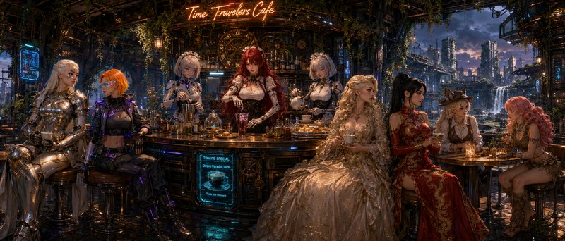 Steampunk Time Travelers Cafe interior with diverse sci-fi fantasy patrons and robotic bartenders...