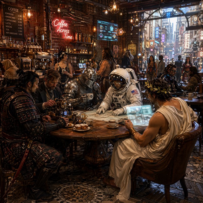 Surreal time-crossing steampunk cafe scene with samurai, knight, astronaut, and Greek philosopher...