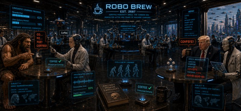 Cyberpunk Robo Brew 2687 cafe scene with Neanderthal, Trump caricature, and android researchers r...