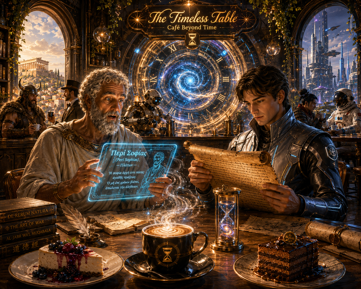 [Cross-era fantasy cafe scene: ancient scholar and futuristic patron converse before a glowing time portal at The Timeless...