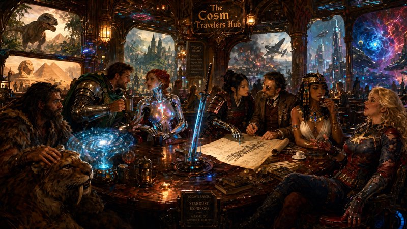 Diverse interdimensional adventurers gather at The Cosm Travelers Hub tavern, with portal windows...