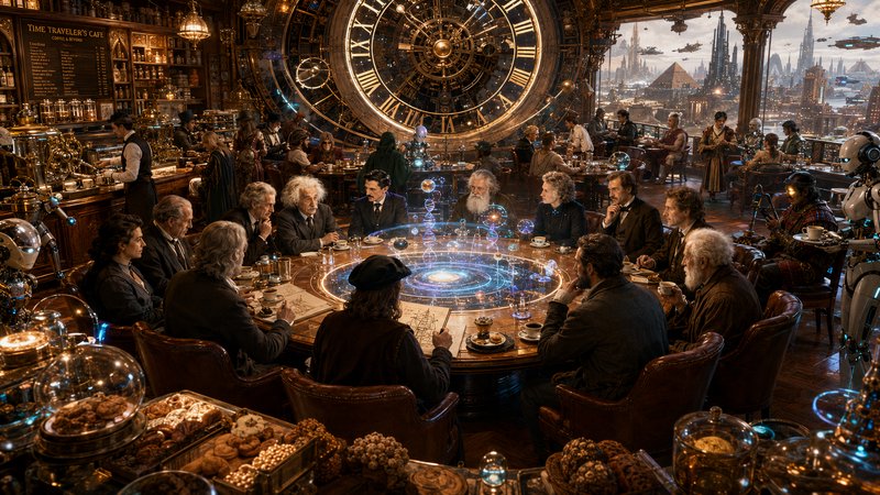 Steampunk Time Traveler's Cafe, iconic historical thinkers gather around a glowing hologram table...