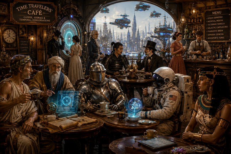 Steampunk Time Travelers' Cafe interior with cross-era patrons, futuristic flying city visible th...