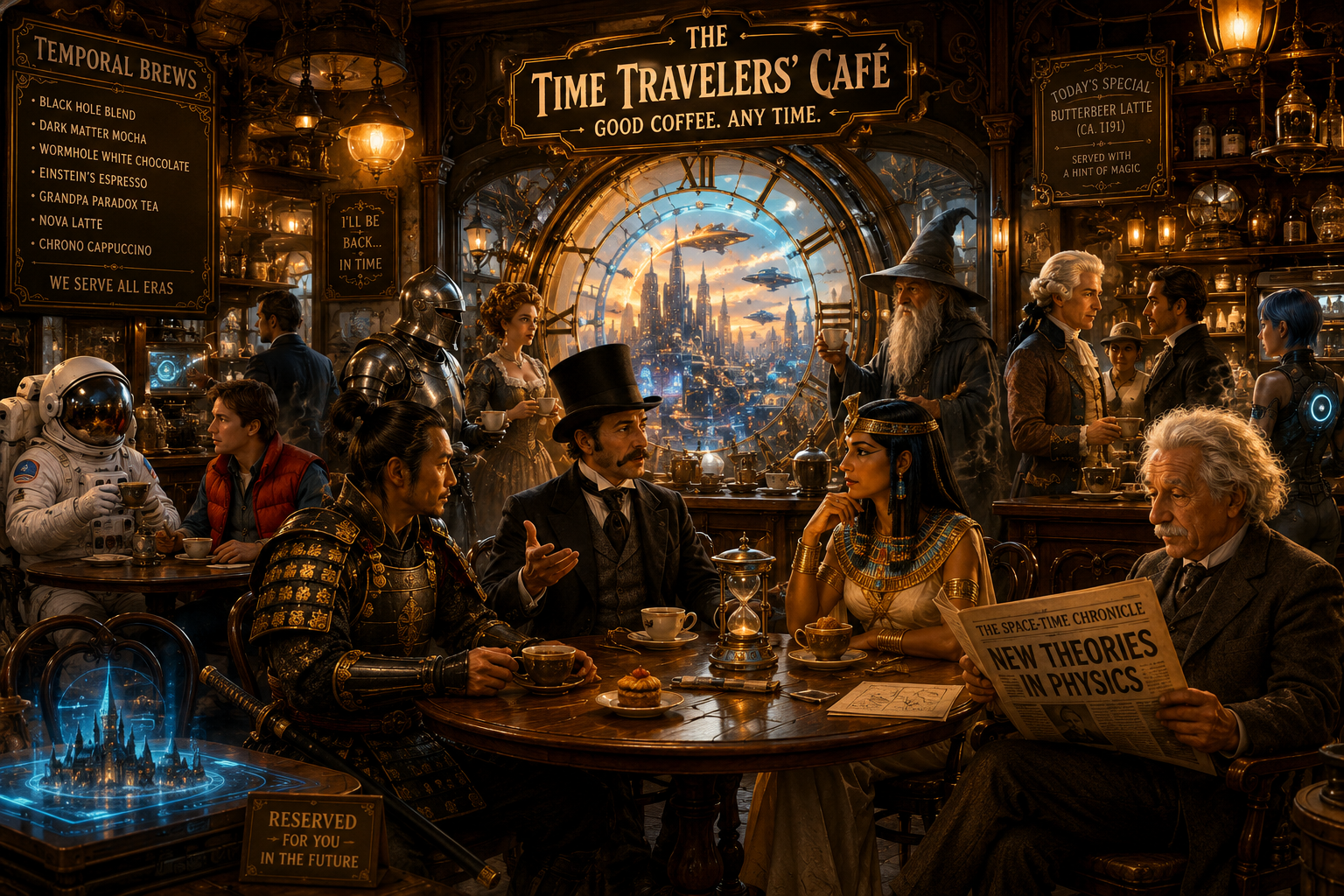 [Ornate Time Travelers' Café interior where cross-era characters gather for coffee, with a futuristic city view through a...