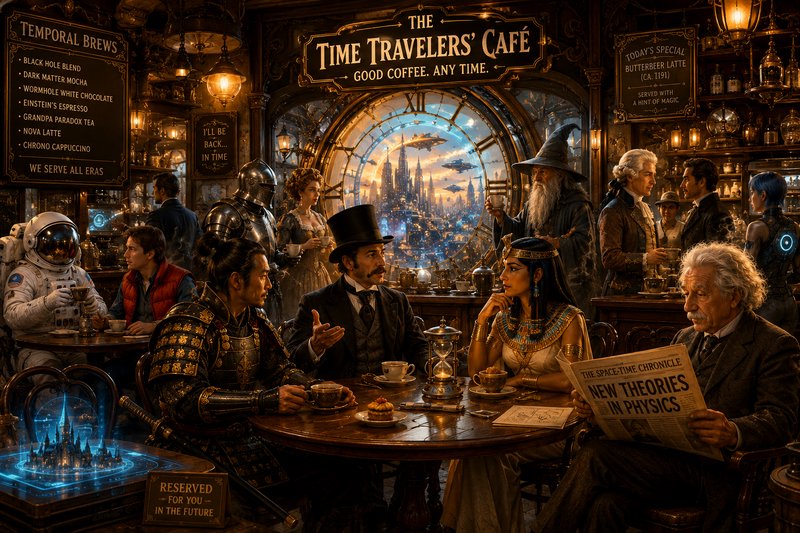 Ornate Time Travelers' Café interior where cross-era characters gather for coffee, with a futuris...