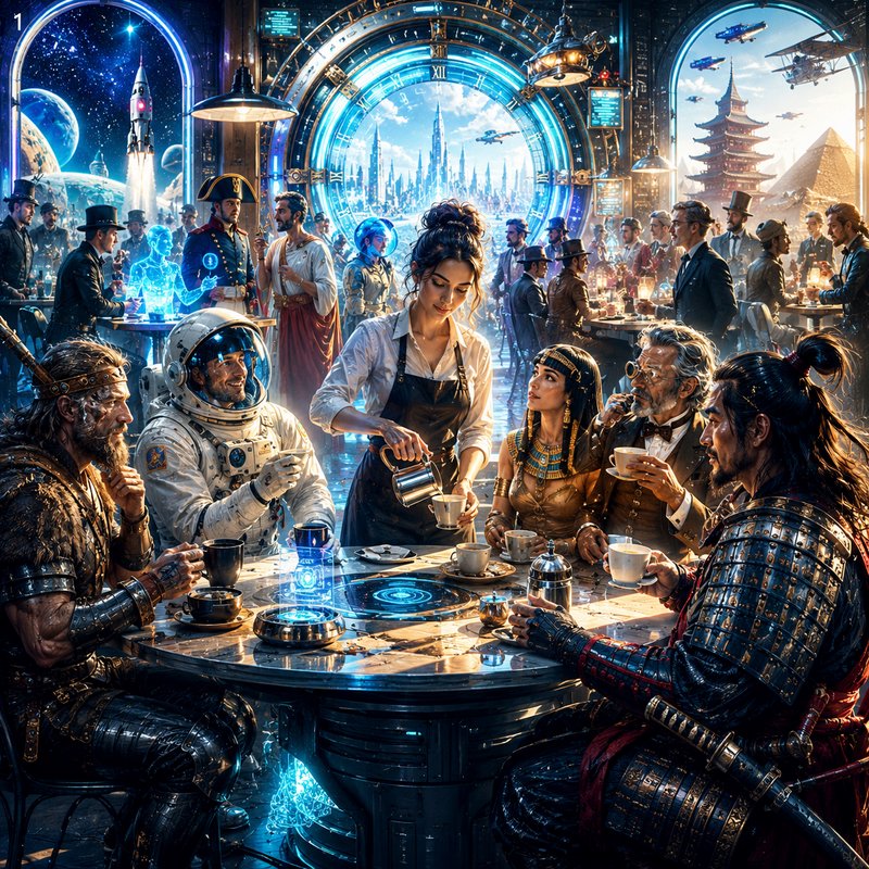 Interdimensional futuristic cafe, waitress pours coffee for cross-time patrons including a viking...