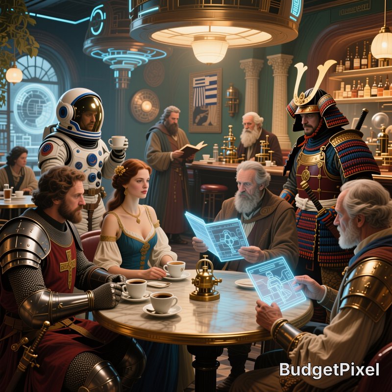 Surreal retro-futuristic tavern scene with astronaut, knights, samurai, and scholars reviewing gl...