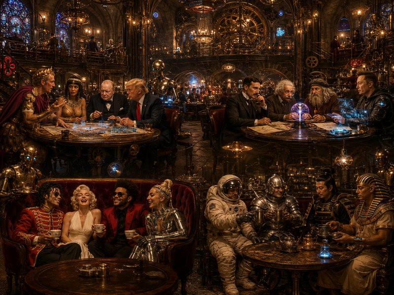 Steampunk gothic lounge filled with anachronistic iconic historical and celebrity figures sociali...