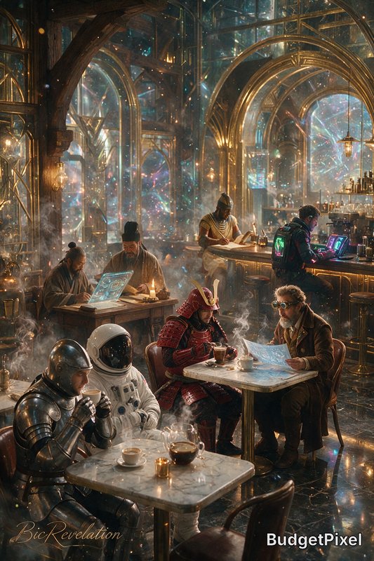 Surreal glowing steampunk cafe with eclectic historical and futuristic patrons drinking coffee an...