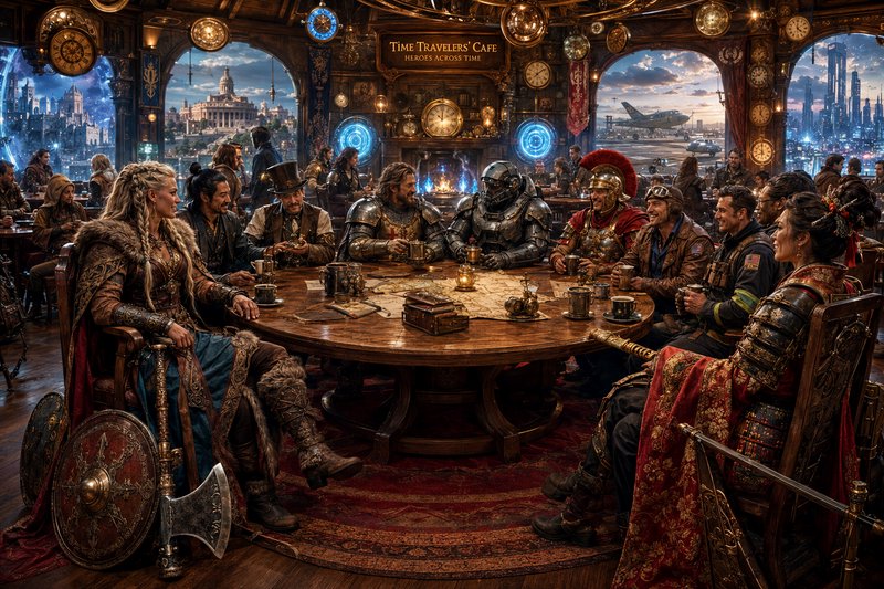 Diverse heroes from across all time eras gather around a table inside the whimsical steampunk Tim...